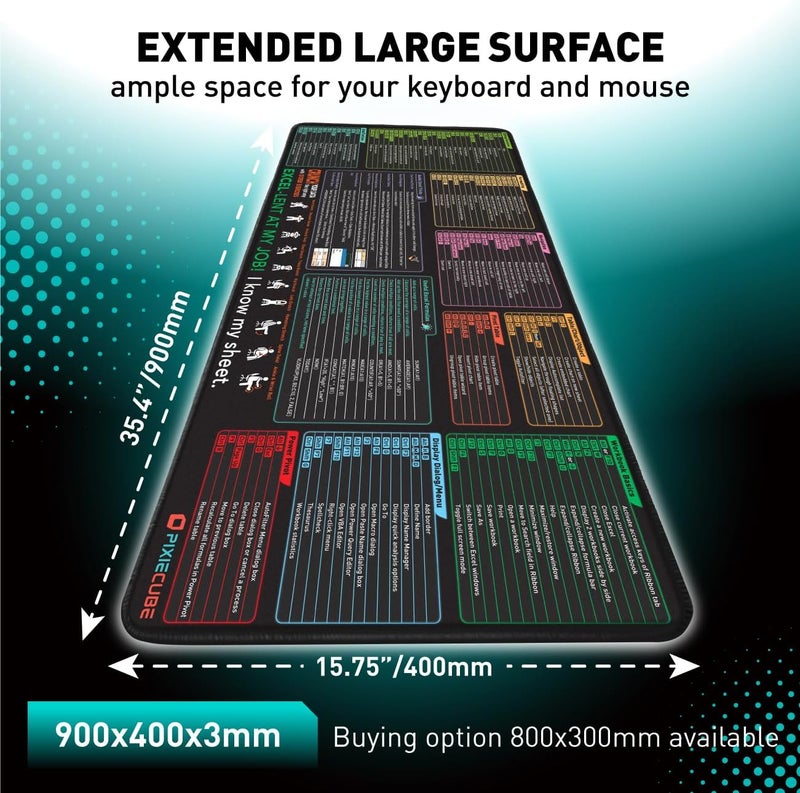 Pixiecube Excel Shortcut Keys Mouse Pad - Extended Large XXL Cheat Sheet Gaming Mousepad | PC Office Spreadsheet Keyboard Mat | Non-Slip Stitched Edge - Image 2